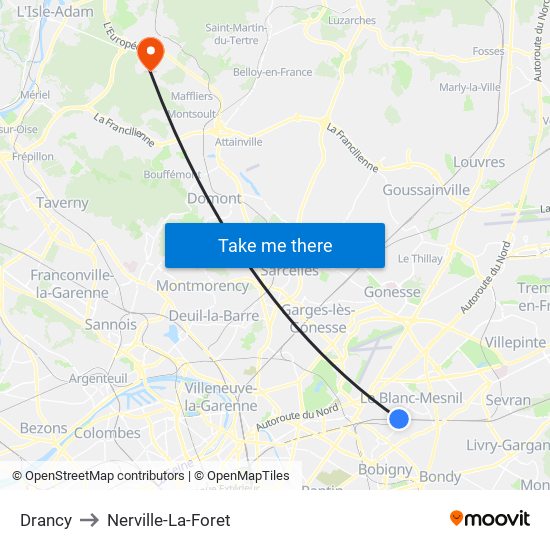 Drancy to Nerville-La-Foret map