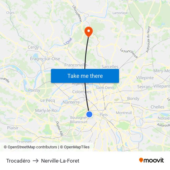 Trocadéro to Nerville-La-Foret map