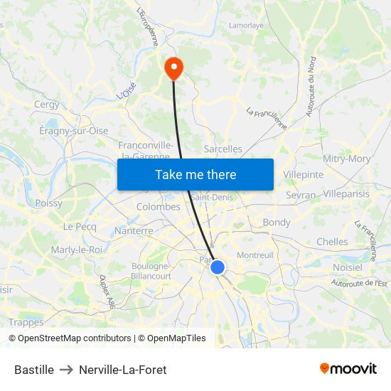 Bastille to Nerville-La-Foret map