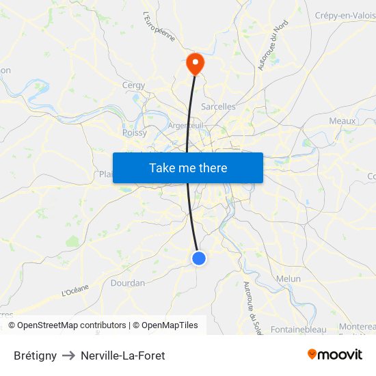 Brétigny to Nerville-La-Foret map