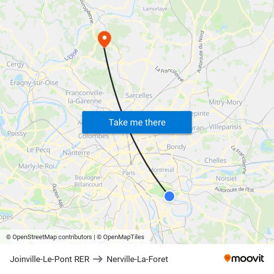 Joinville-Le-Pont RER to Nerville-La-Foret map