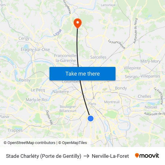 Stade Charléty (Porte de Gentilly) to Nerville-La-Foret map