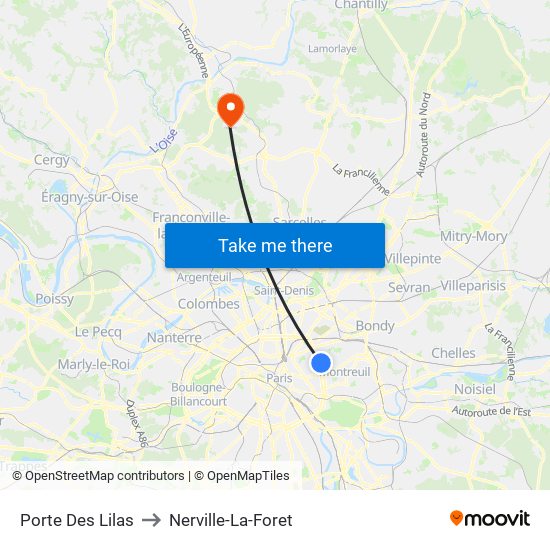 Porte Des Lilas to Nerville-La-Foret map