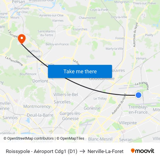 Roissypole - Aéroport Cdg1 (D1) to Nerville-La-Foret map