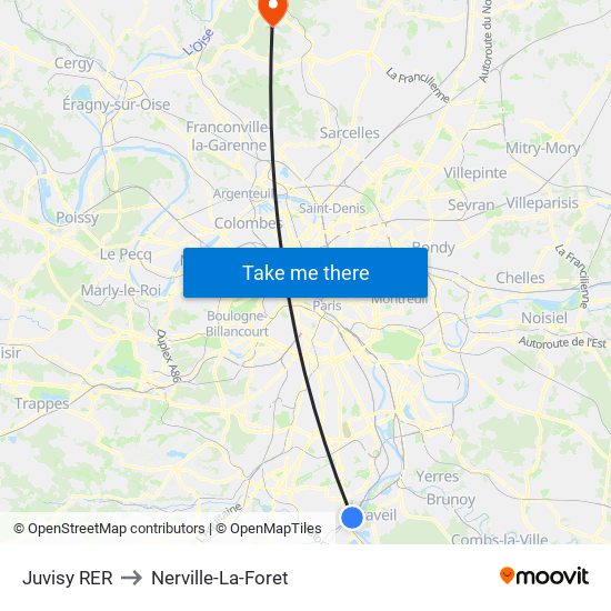 Juvisy RER to Nerville-La-Foret map