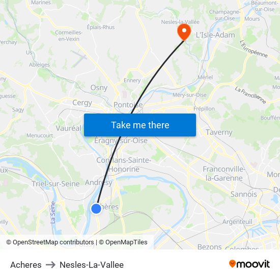 Acheres to Nesles-La-Vallee map