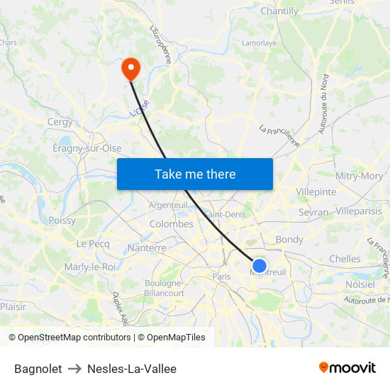Bagnolet to Nesles-La-Vallee map