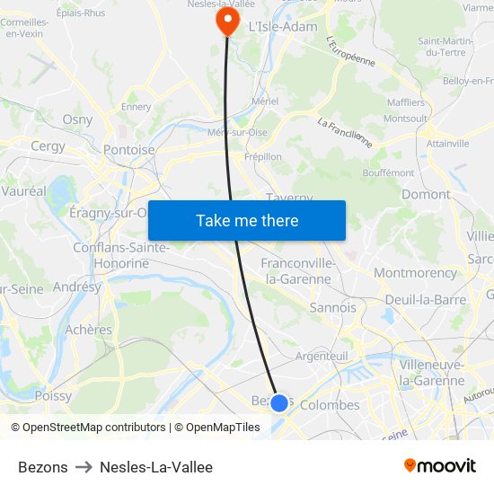 Bezons to Nesles-La-Vallee map