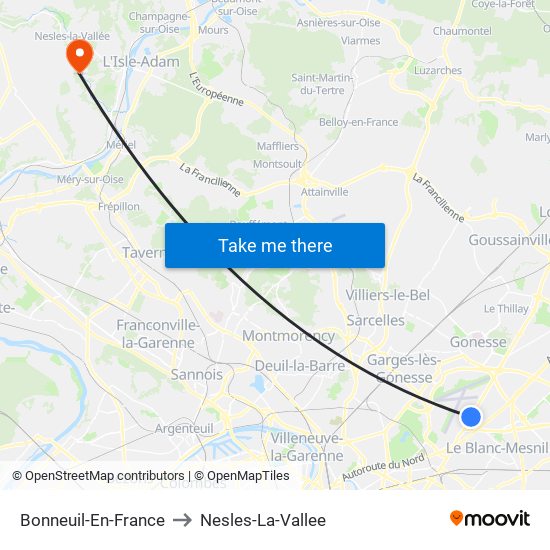 Bonneuil-En-France to Nesles-La-Vallee map