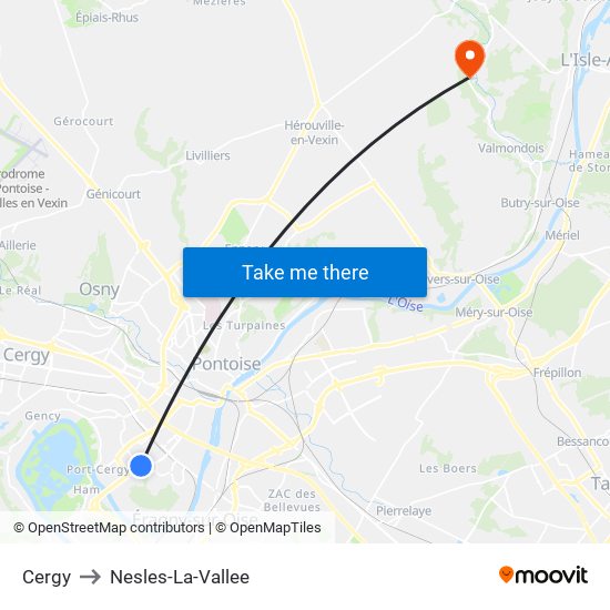 Cergy to Nesles-La-Vallee map