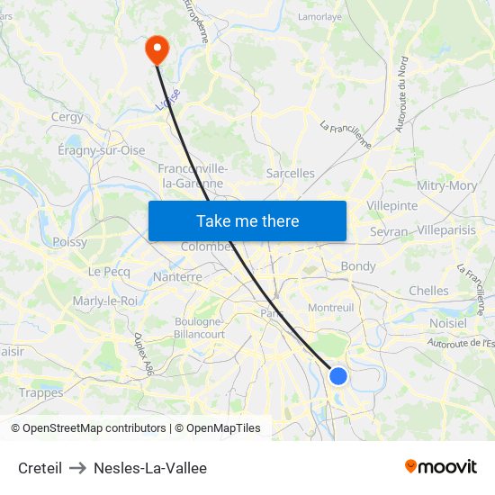 Creteil to Nesles-La-Vallee map