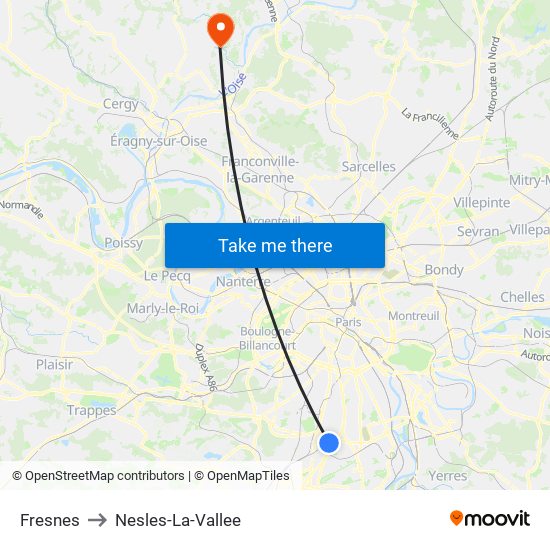 Fresnes to Nesles-La-Vallee map