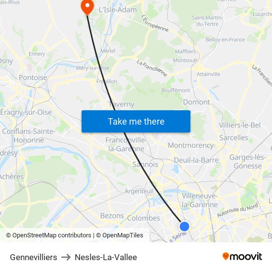 Gennevilliers to Nesles-La-Vallee map