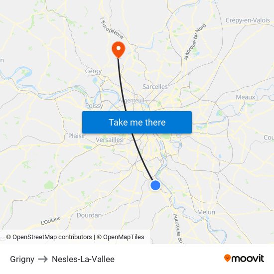 Grigny to Nesles-La-Vallee map