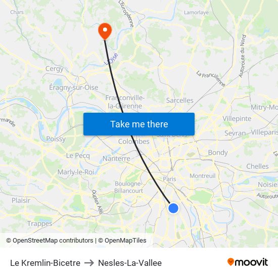 Le Kremlin-Bicetre to Nesles-La-Vallee map