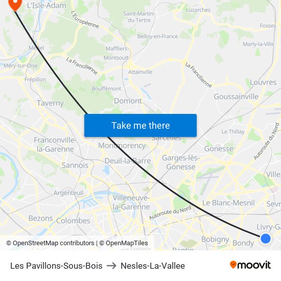 Les Pavillons-Sous-Bois to Nesles-La-Vallee map