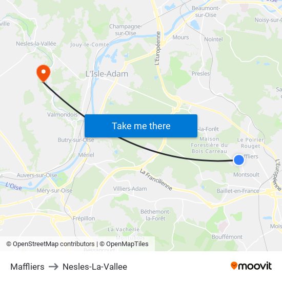 Maffliers to Nesles-La-Vallee map