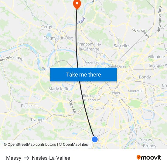 Massy to Nesles-La-Vallee map