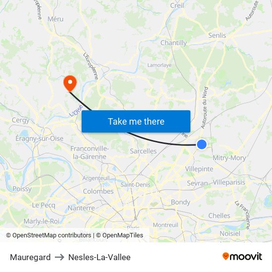 Mauregard to Nesles-La-Vallee map