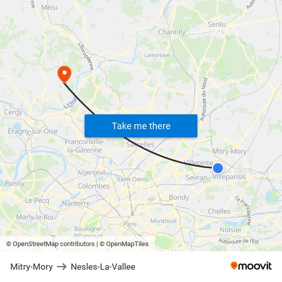 Mitry-Mory to Nesles-La-Vallee map