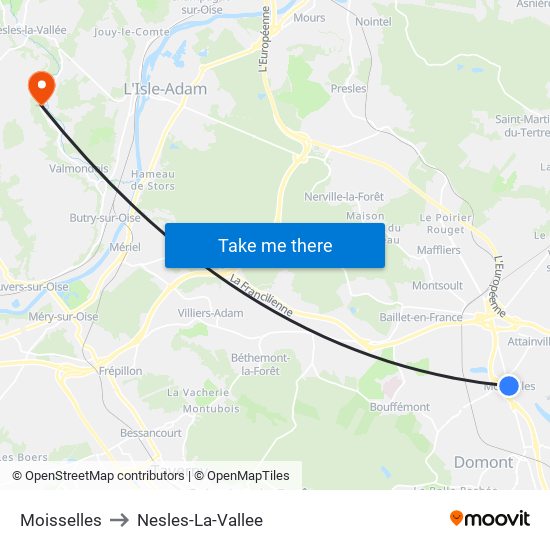 Moisselles to Nesles-La-Vallee map