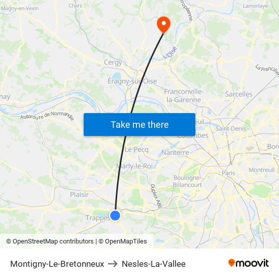 Montigny-Le-Bretonneux to Nesles-La-Vallee map