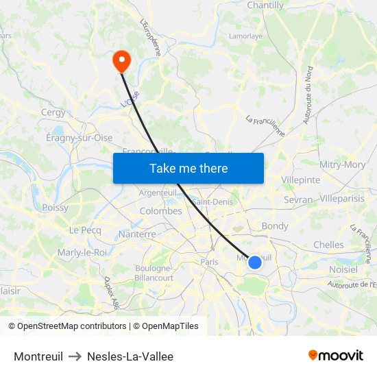 Montreuil to Nesles-La-Vallee map