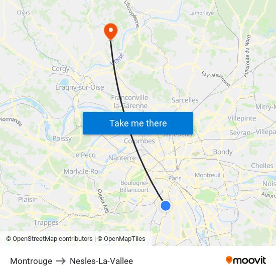 Montrouge to Nesles-La-Vallee map