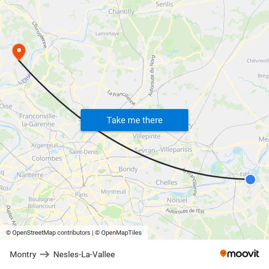 Montry to Nesles-La-Vallee map