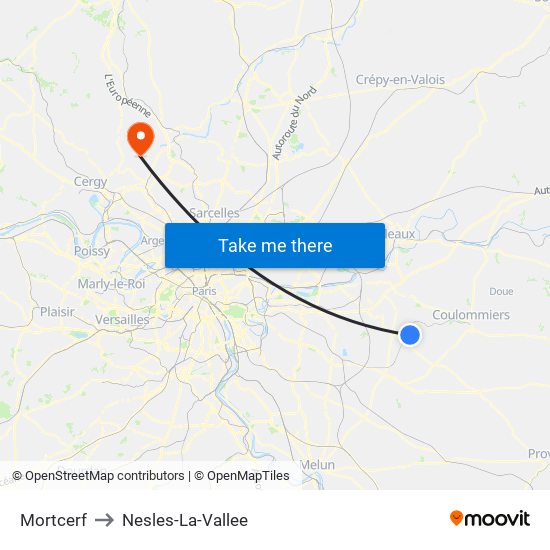 Mortcerf to Nesles-La-Vallee map