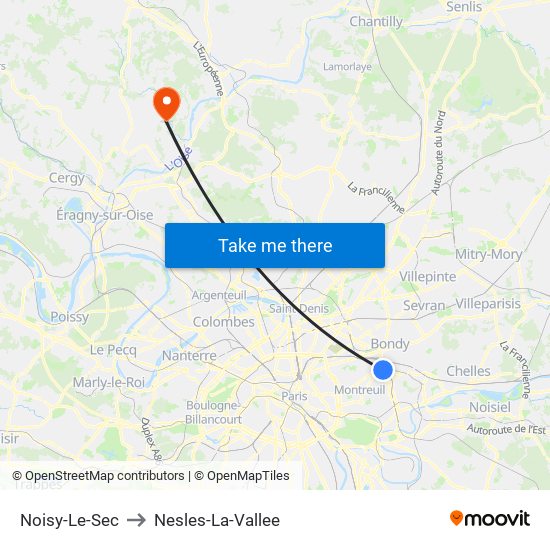 Noisy-Le-Sec to Nesles-La-Vallee map