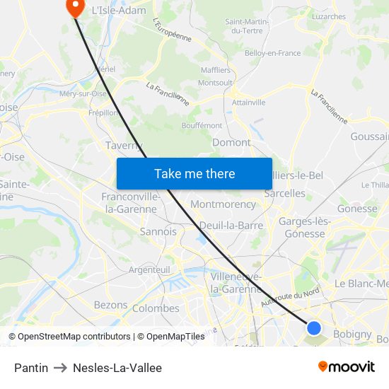 Pantin to Nesles-La-Vallee map