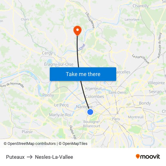 Puteaux to Nesles-La-Vallee map