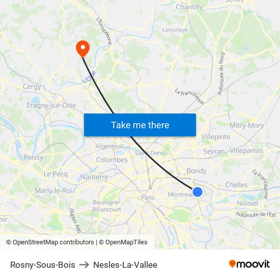 Rosny-Sous-Bois to Nesles-La-Vallee map