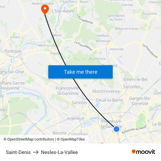 Saint-Denis to Nesles-La-Vallee map