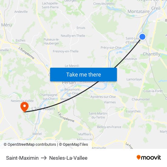 Saint-Maximin to Nesles-La-Vallee map