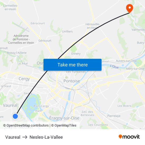 Vaureal to Nesles-La-Vallee map