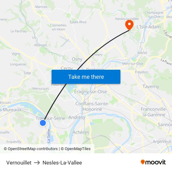 Vernouillet to Nesles-La-Vallee map