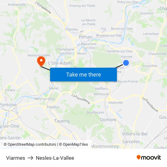 Viarmes to Nesles-La-Vallee map