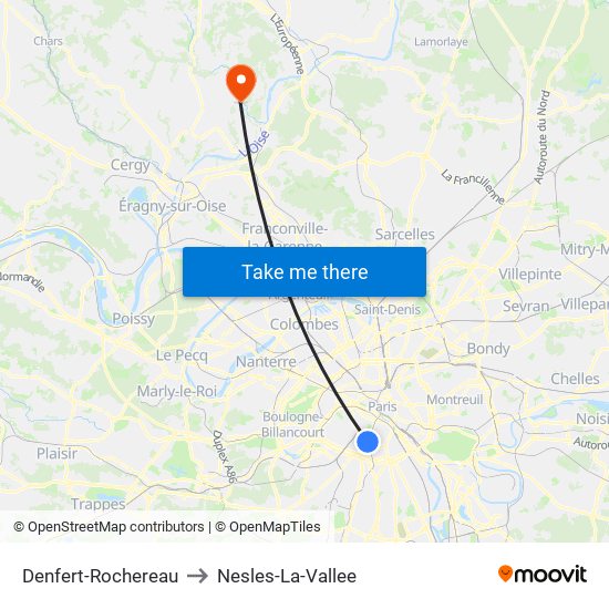 Denfert-Rochereau to Nesles-La-Vallee map