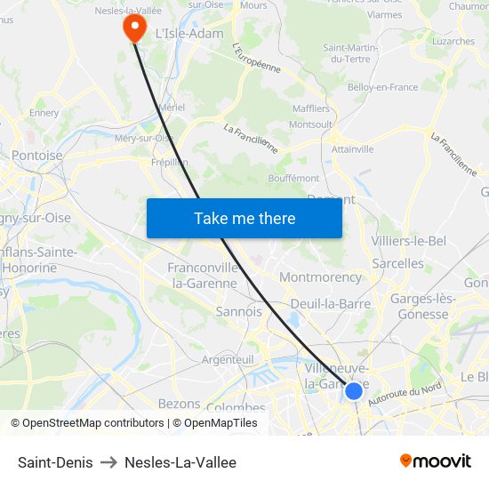 Saint-Denis to Nesles-La-Vallee map