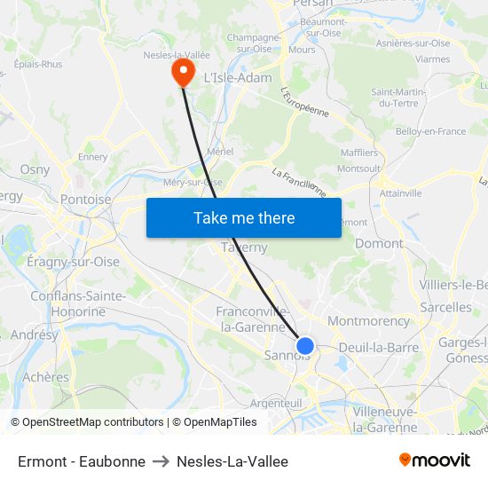 Ermont - Eaubonne to Nesles-La-Vallee map