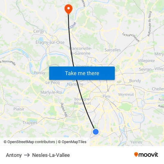 Antony to Nesles-La-Vallee map
