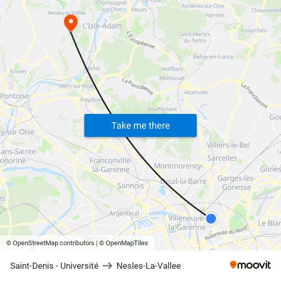 Saint-Denis - Université to Nesles-La-Vallee map