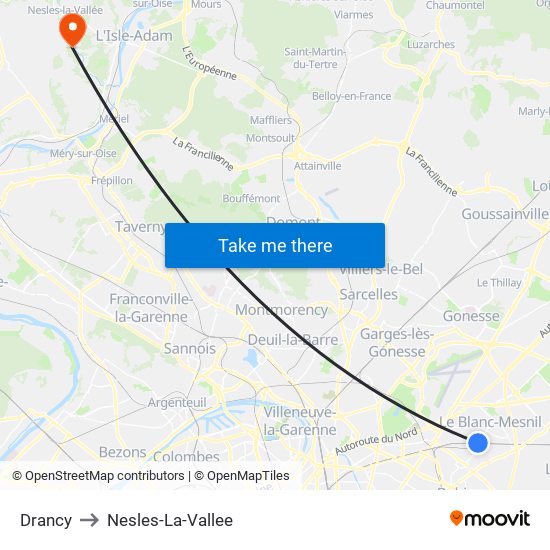 Drancy to Nesles-La-Vallee map