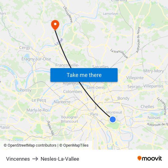 Vincennes to Nesles-La-Vallee map