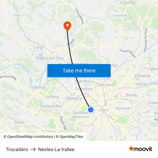 Trocadéro to Nesles-La-Vallee map