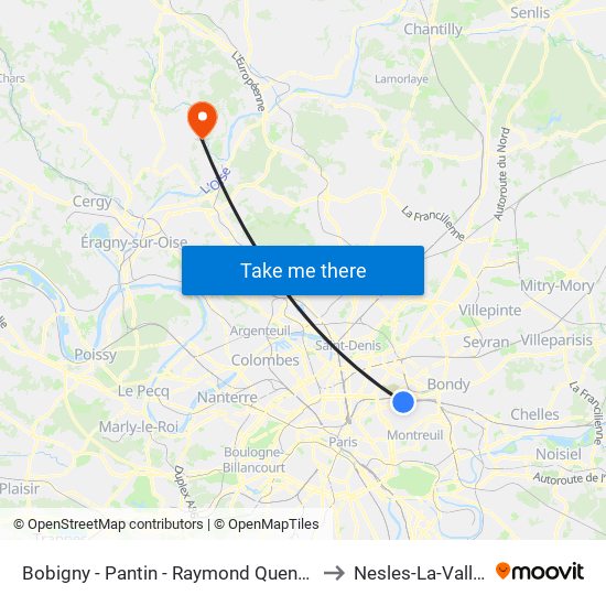 Bobigny - Pantin - Raymond Queneau to Nesles-La-Vallee map