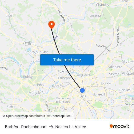 Barbès - Rochechouart to Nesles-La-Vallee map