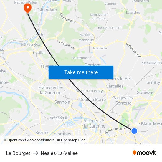 Le Bourget to Nesles-La-Vallee map